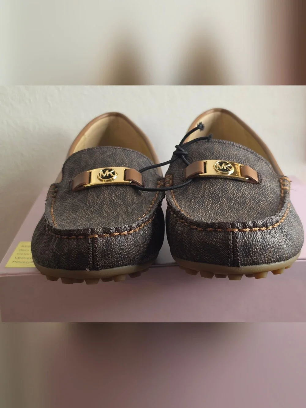 Michael Kors Brown Logo-Print Moccasin Loafers with Gold Accent